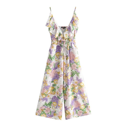 Jumpsuit Estampado con Cuello en V, Cintura Anudada y Volantes