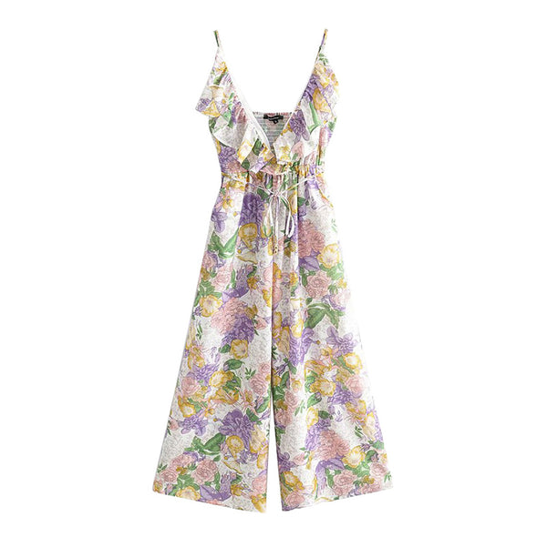 Jumpsuit Estampado con Cuello en V, Cintura Anudada y Volantes