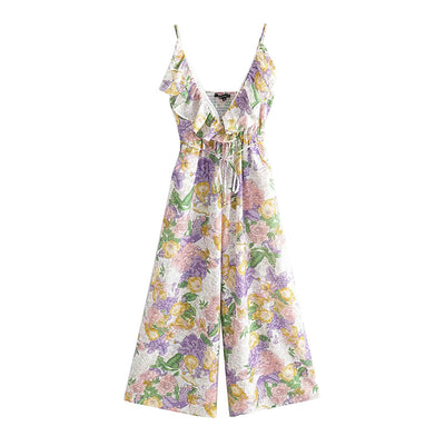 Jumpsuit Estampado con Cuello en V, Cintura Anudada y Volantes