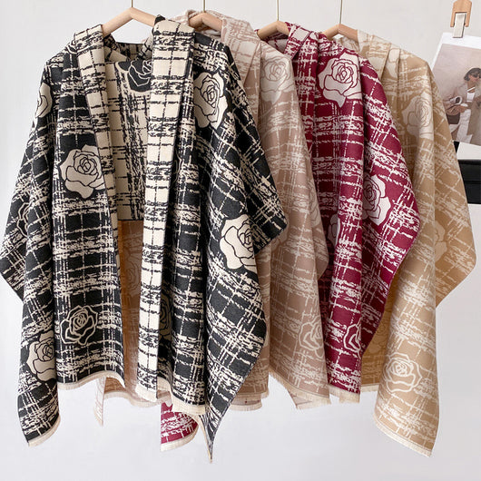 Chal Reversible de Cachemira con Borlas Camellia - Perfecto para Aire Acondicionado