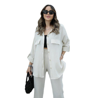 Conjunto de Blusa y Pantalón Holgado de Manga Larga Color Sólido para Mujer - Image 8