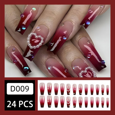 Uñas Postizas Degradado Rojo Perla con Efecto Corazón - Image 2
