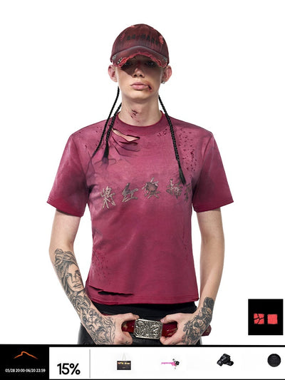 Playera Roja Slim Fit Desgastada con Efecto Lavado Sucio - Image 7