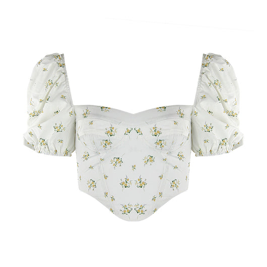 Blusa Temperament Commuter con Mangas Voluminosas Blanca Estampada Cuello Cuadrado - Image 2