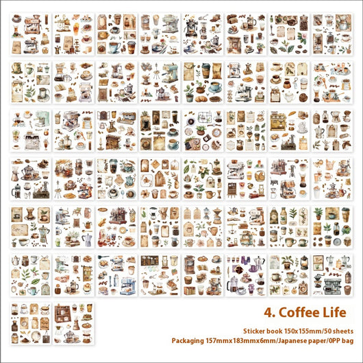 Retro Japanese paper sticker book with 50 sheets of watercolor-style daily life, house, garden, and cafe themed stickers. - Image 6