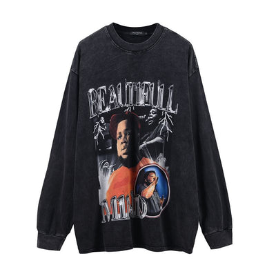 Camiseta Vintage Manga Larga Graffiti Retro Estilo Urbano para Hombre - Image 5