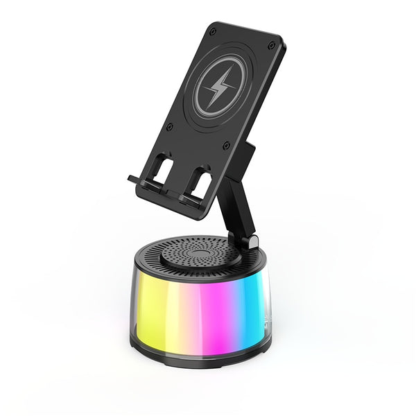 Parlante Bluetooth Portátil con Carga Inductiva y Soporte Giratorio Plegable