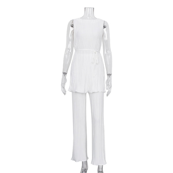 Conjunto Elegante Mujer: Pantalón Plisado Blanco y Playera Cuello Redondo - Image 3
