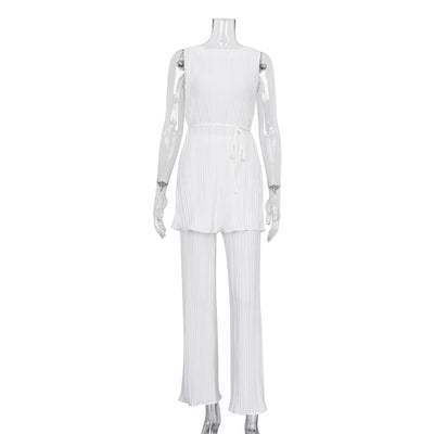 Conjunto Elegante Mujer: Pantalón Plisado Blanco y Playera Cuello Redondo - Image 3