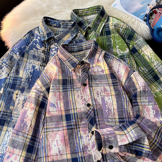 Camisa Holgada Cuadros Degradado con Estampado y Teñido