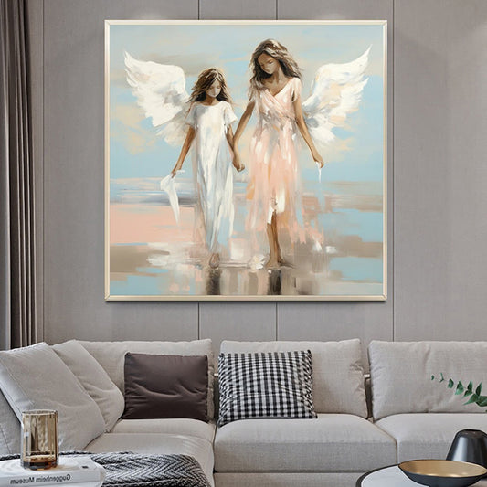 Cuadro Abstracto Moderno Hermanas Ángeles - Óleo Pintado a Mano sobre Lienzo