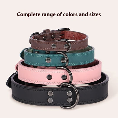 Teal leather pet collar with white stitching, dark metal buckle, and D-ring, displayed on a brown surface. - Image 4