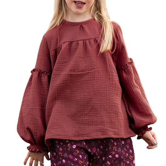 Blusa Retro de Algodón Cuello Redondo con Pliegues en el Pecho y Mangas Obispo - Image 5
