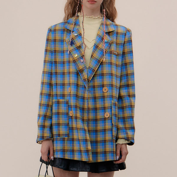 Blazer Casual para Mujer con Cuadros Azul y Amarillo
