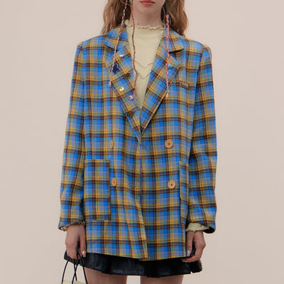 Blazer Casual para Mujer con Cuadros Azul y Amarillo