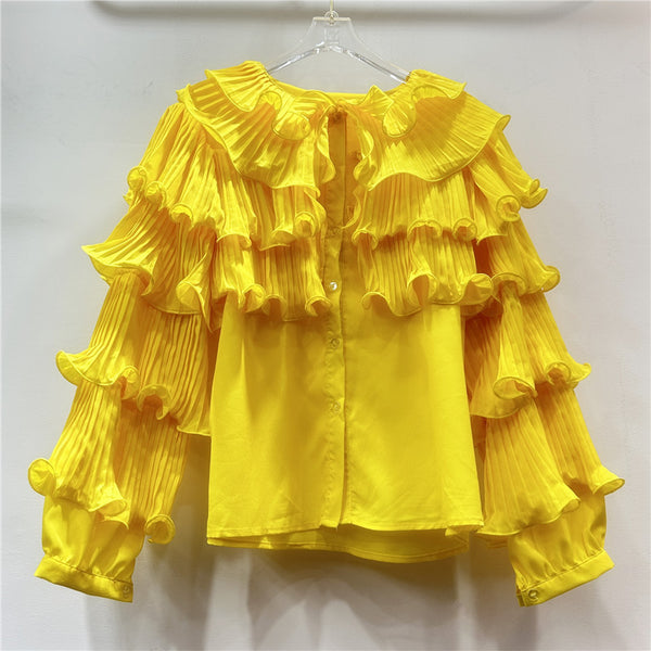 Blusa Elegante Coreana con Mangas Voluminosas y Diseño Fruncido