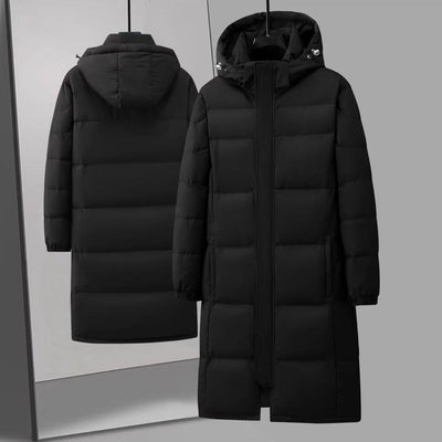 Black mid-length hooded down jacket with a quilted design, hanging on a metal rack in a store. - Image 10
