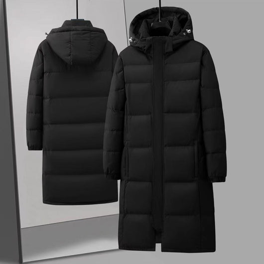 Black mid-length hooded down jacket with a quilted design, hanging on a metal rack in a store. - Image 10