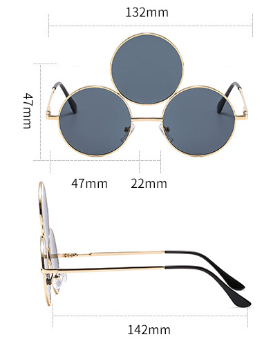 Red lens round sunglasses with a gold metal frame and an extra small round lens above the left eye. - Image 9