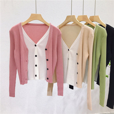 Cardigan Tejido Falsa Dos Piezas Mujer Cuello V Manga Larga - Image 4