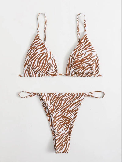 Pink and orange zebra print two-piece bikini with triangle top and high-cut tie-side thong bottom. - Image 7