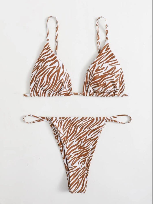 Pink and orange zebra print two-piece bikini with triangle top and high-cut tie-side thong bottom. - Image 7