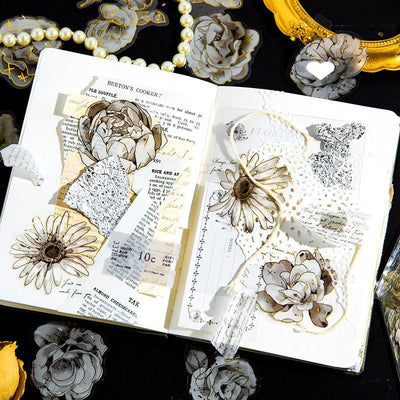 Set of 30 white and cream flower stickers, 55x55mm, featuring various chrysanthemum designs with a bronzing effect. - Image 9