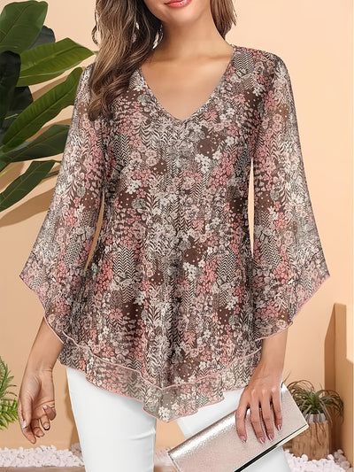 Blusa Larga de Gasa con Estampado Floral y Cuello en V - Image 12