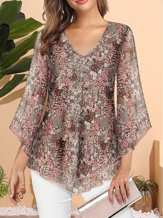 Blusa Larga de Gasa con Estampado Floral y Cuello en V - Image 12