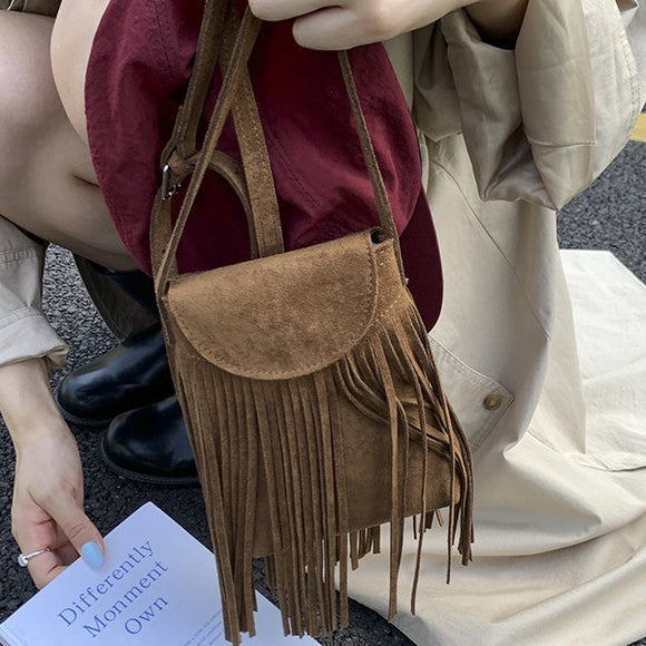Bolso Bandolera Retro Gamuza Esmerilada con Borlas para Celular