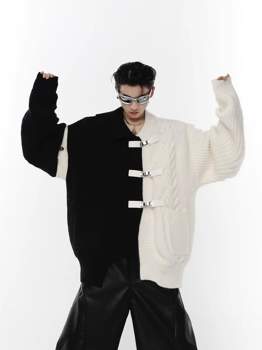 Cardigan Deconstruido Negro y Blanco con Costuras Contrastantes y Botones Metálicos - Image 8