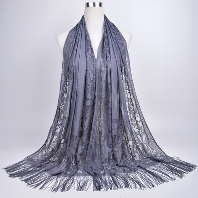 Pañuelo Hijab Encaje Calado Color Sólido con Borlas - Image 21