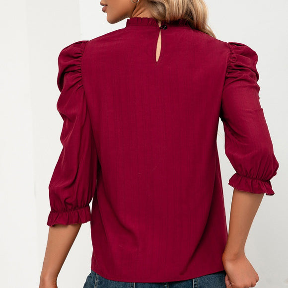 Camisa Casual de Cuello Alto con Mangas de Cinco Puntos