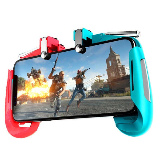 Red and blue mobile game handle with shoulder triggers, holding a smartphone displaying a first-person shooter game. - Image 13
