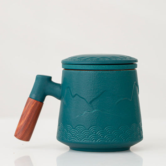 Taza Cerámica Ola del Océano con Asa de Madera y Tapa - Image 4