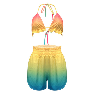 Women's three-piece beachwear set with neon yellow bikini top, floral print long-sleeve shirt, and matching shorts. - Image 11