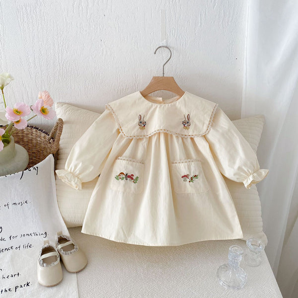 Vestido Infantil Coreano con Bordado de Conejo Animado