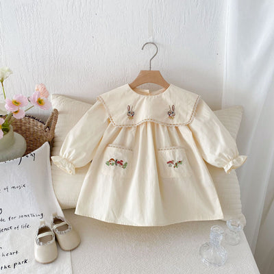 Vestido Infantil Coreano con Bordado de Conejo Animado