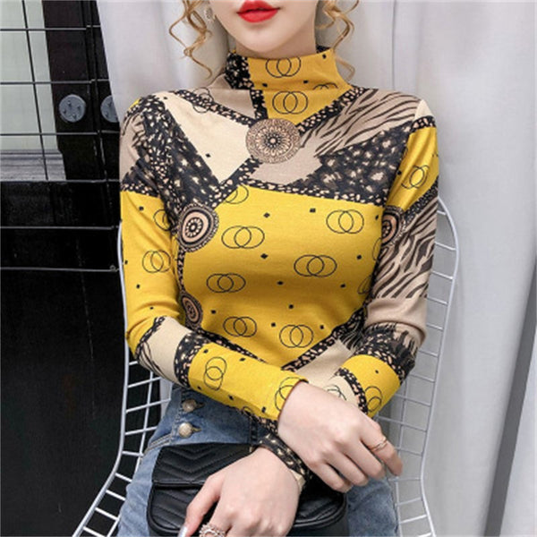 Blusa Estampada Cuello Alto Ajustado para Mujer