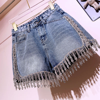 Pantalón Denim Cintura Alta con Borlas y Strass - Image 8