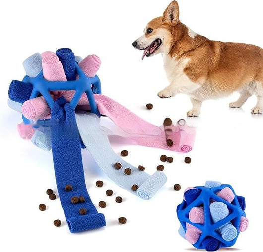 Colorful pet sniffing ball interactive toy with rolled fabric strips, shown with a corgi and scattered kibble. - Image 6