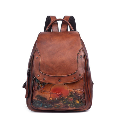 Mochila de Cuero Genuino para Mujer con Grabado Retro y Acabado Personalizado - Image 12