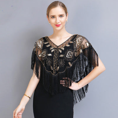 Capa Vintage con Lentejuelas y Flecos Elegantes