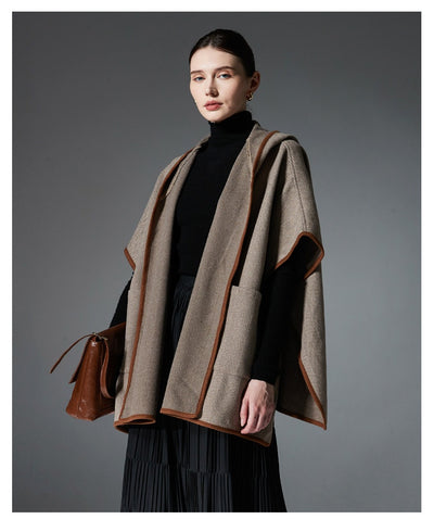 Poncho Capa de Lana Reversible con Patrón Espiga y Capucha - Image 18