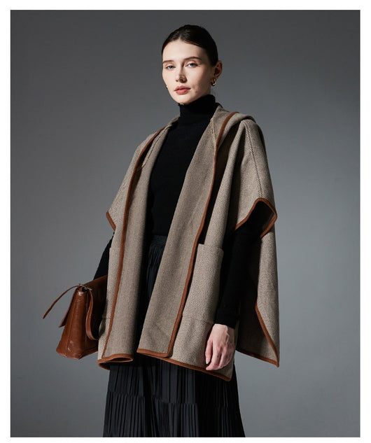 Poncho Capa de Lana Reversible con Patrón Espiga y Capucha - Image 18
