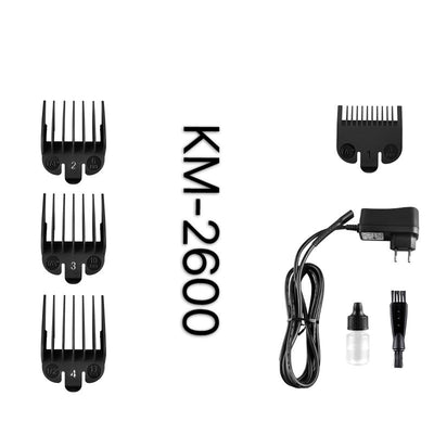 Kemei electric hair clipper in metallic burgundy with four guide combs, power adapter, cleaning brush, and oil bottle. - Image 2