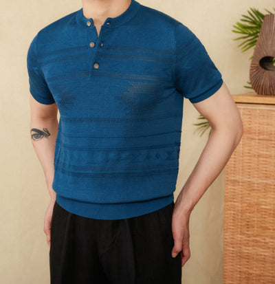 Camisa Henley Tejida Retro Americana Slim Fit Manga Corta - Image 16