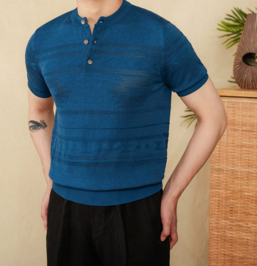 Camisa Henley Tejida Retro Americana Slim Fit Manga Corta - Image 16