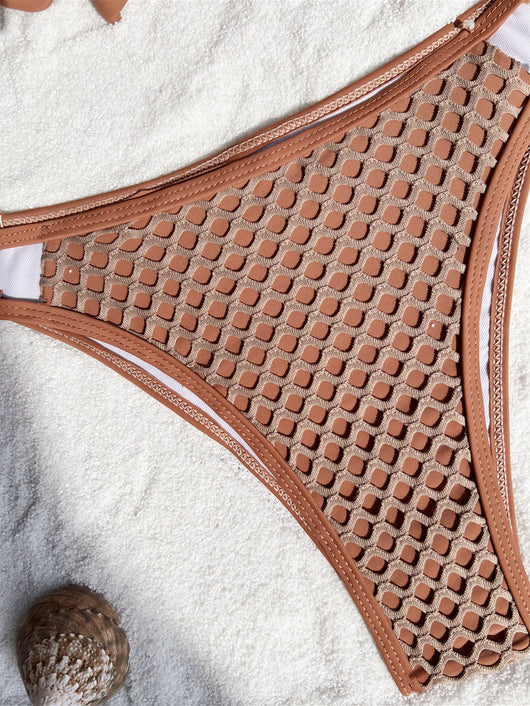 Light brown push-up bikini with fishnet overlay on cups and front of bottoms, featuring a V-bar detail. - Image 5