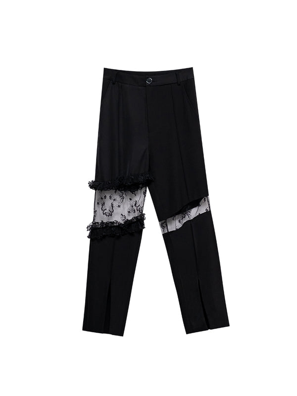 Pantalón Ancho Cintura Alta con Abertura Lateral y Encaje para Mujer - Image 4